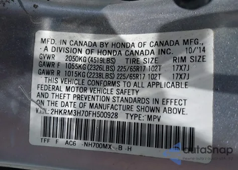 2015 Honda Cr-V Ex-L z USA, uszkodzony, nr VIN 2HKRM3H70FH500928